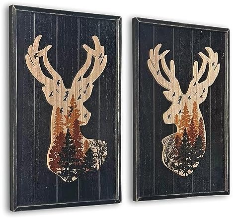 WAIU Deer Wall Decor Wood Framed Forest Scene Art Print Set of 2