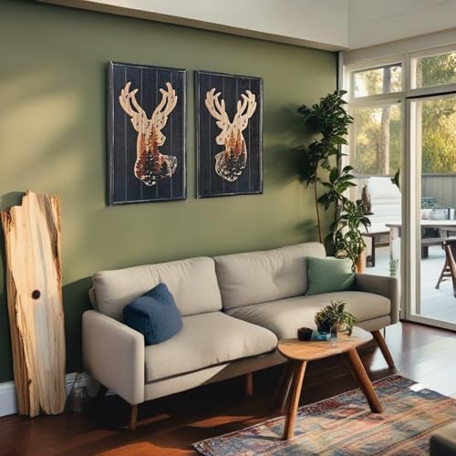 WAIU Deer Wall Decor Wood Framed Forest Scene Art Print Set of 2