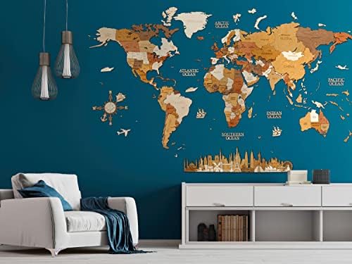 World Map Wooden Wall Art - 3D Design for Home Office and Bedroom