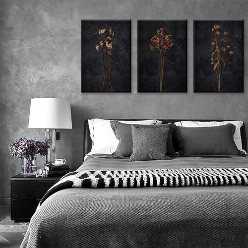Framed Black Moody Wildflowers Canvas Wall Art Set of 3