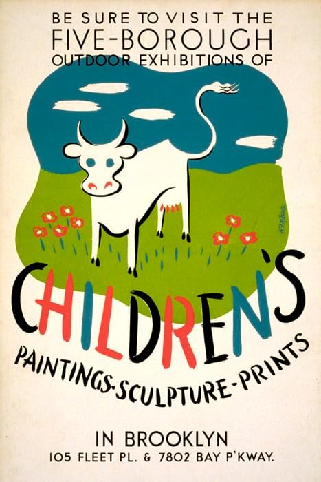 Childrens Cow Paintings Sculpture Prints USA Vintage Poster Reproduction