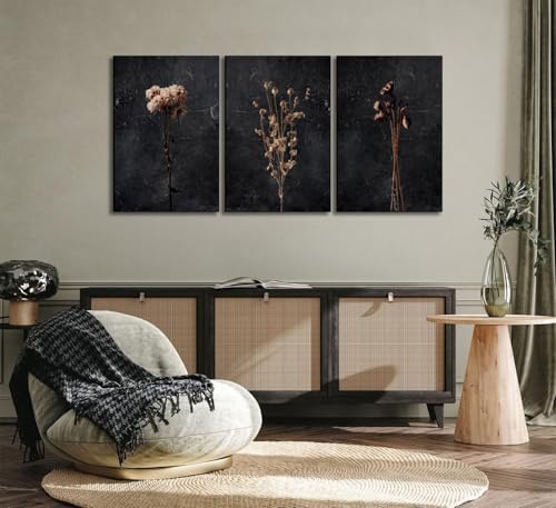 3pcs Dark Flower Canvas Wall Art Black Wildflower Decor