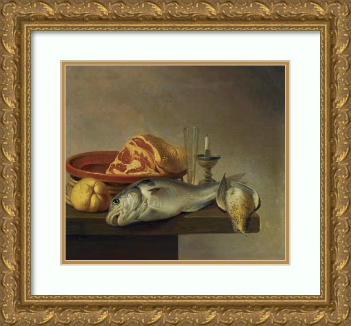 ArtDirect Harmen Steenwyck 16x15 Gold Frame Art Print Still Life with Ham Fish Candle Tabletop Decoration