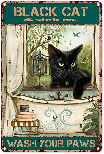 Funny Bathroom Wall Decor Vintage Black Cat Wash Your Paws Tin Sign