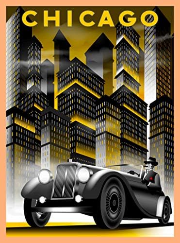 Chicago Illinois Car and Buildings Retro Travel Wall Decor Art Deco Poster Print 10x135