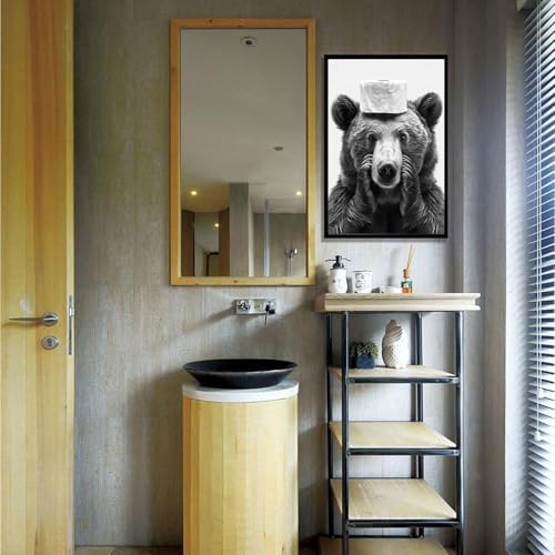 Funny Bear Bathroom Canvas Wall Art - Black and White