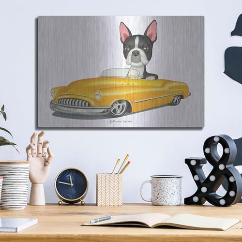 Boston Terrier in Yellow Car Metal Wall Art 16x12