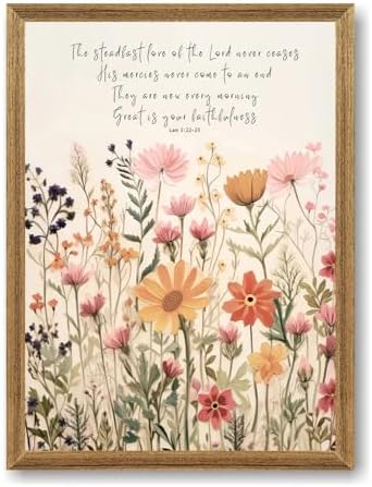 Christian Floral Scripture Wall Art with Lamentations 322-23 Verse Poster 12x16 Inch Canvas Print for Home Office Decor