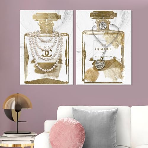 2 Pieces Vintage Perfume Bottle Gold Canvas Wall Art