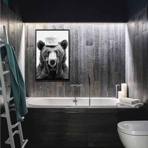 Funny Bear Bathroom Canvas Wall Art - Black and White
