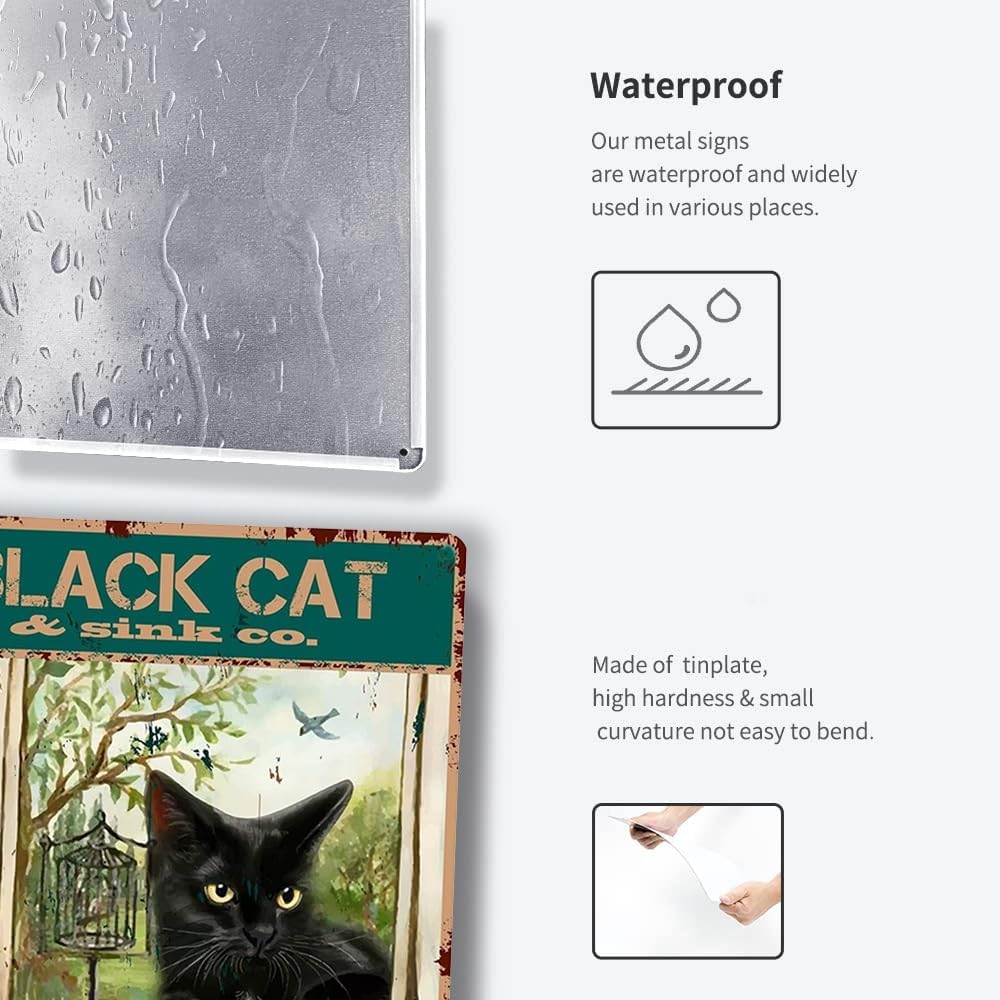 Funny Bathroom Wall Decor Vintage Black Cat Wash Your Paws Tin Sign