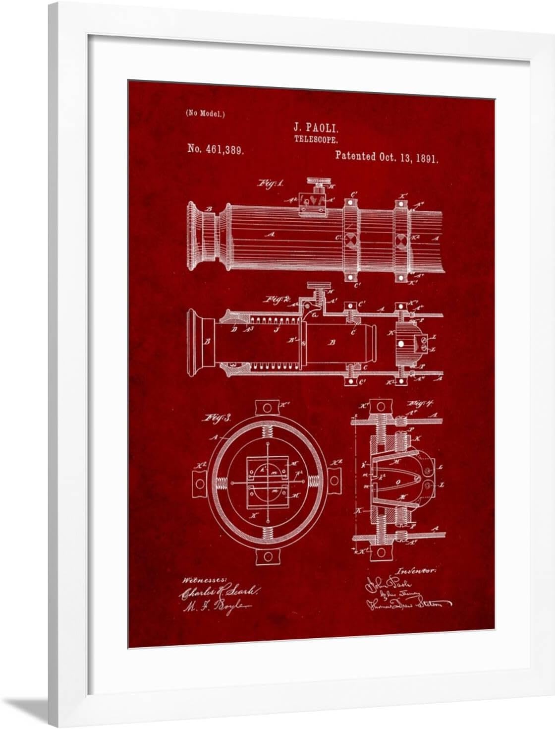 ART COM Wall Art Print Telescope Vintage Patent 1891 32 x 40 Frame