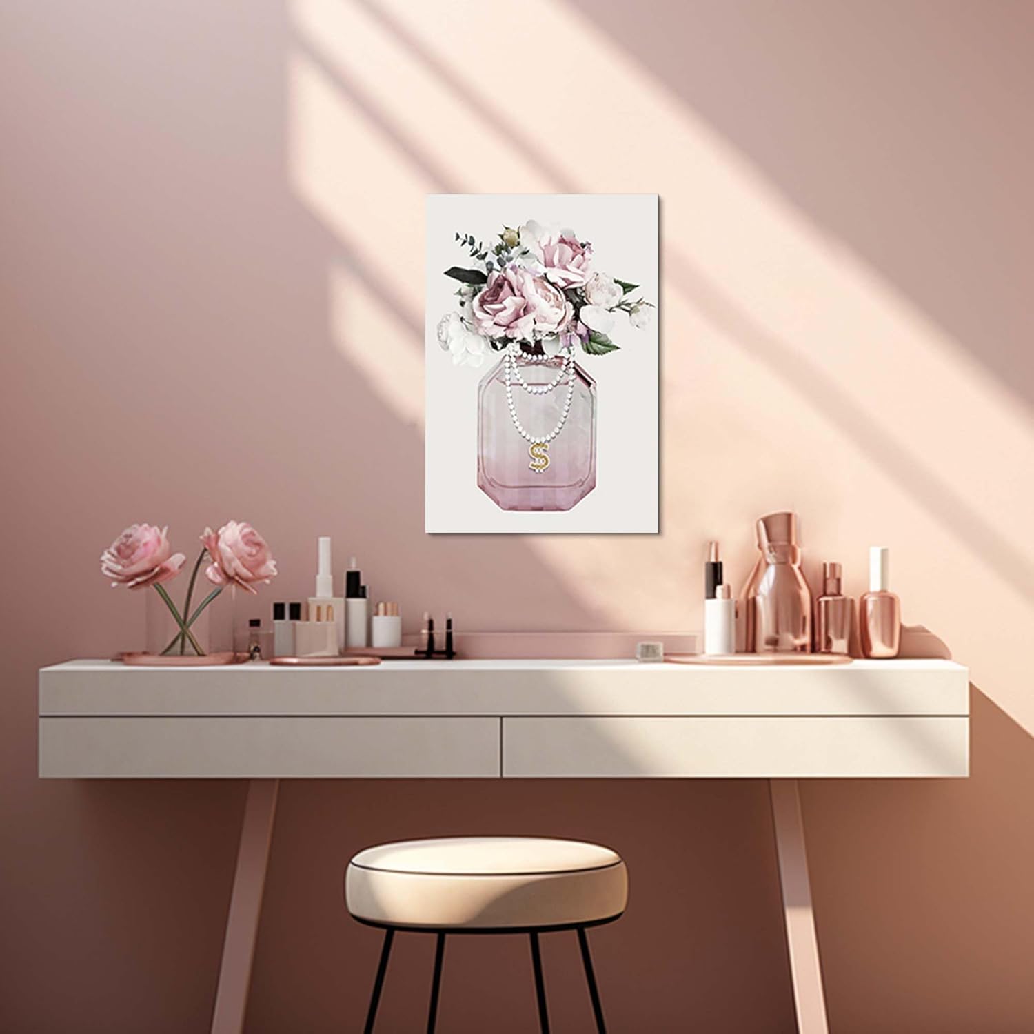 Arttitue Fashion Perfume Bottle Wall Art 11x16 Inch Canvas Pink Peony Flower Decor for Bedroom Bathroom