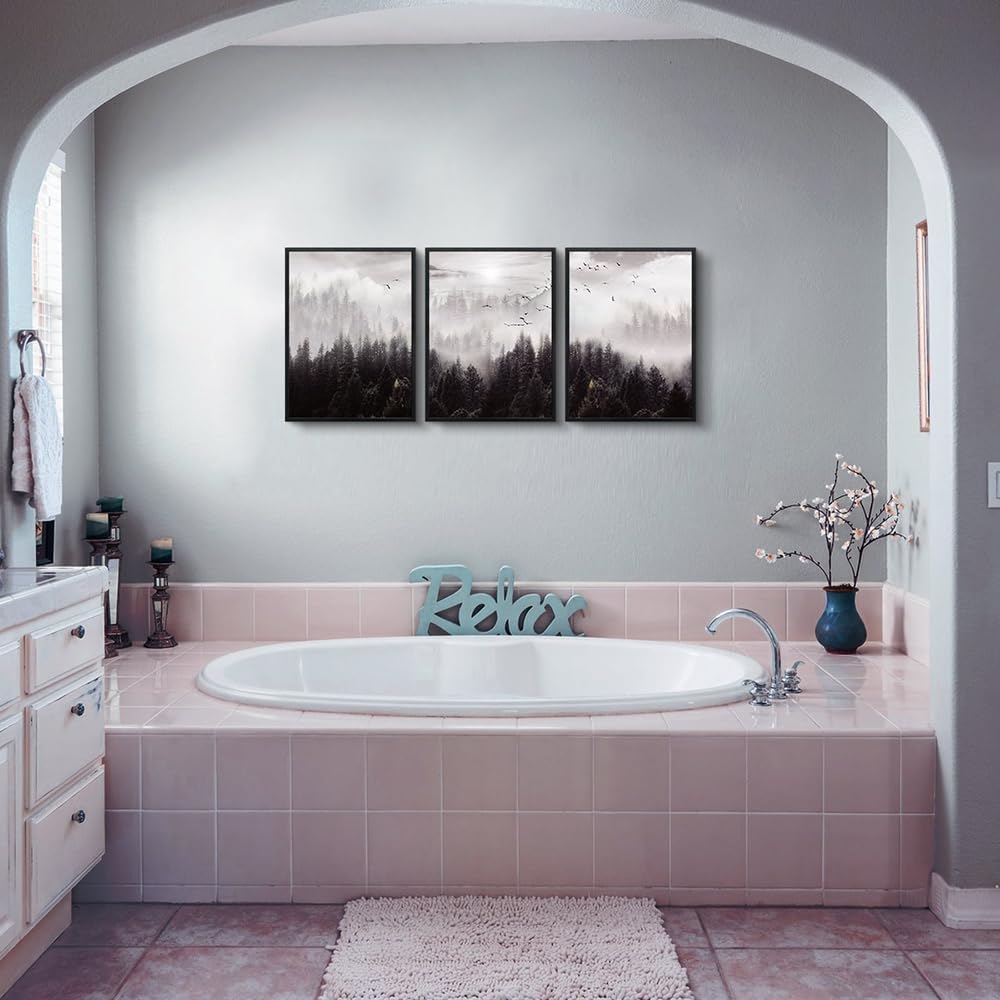 Black Framed Canvas Wall Art 3 Pieces Forest Scene Decor