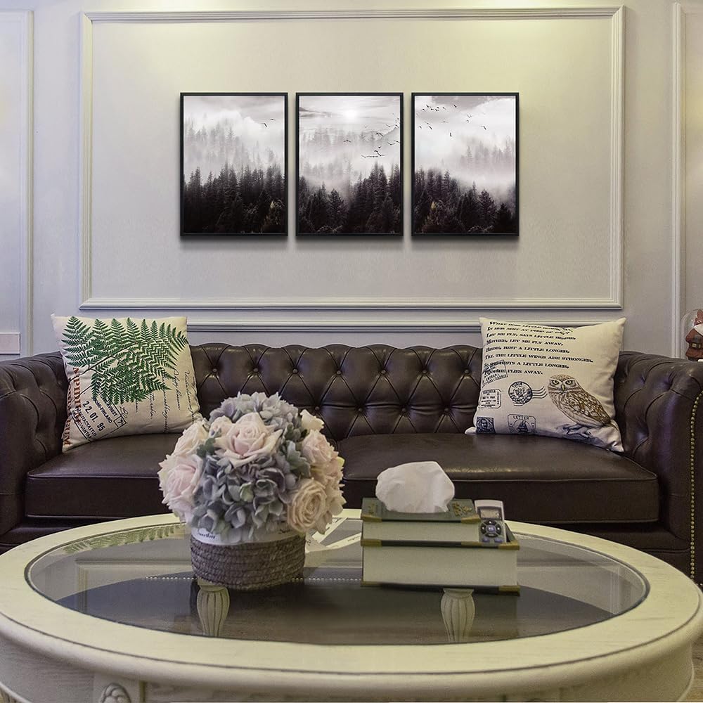 Black Framed Canvas Wall Art 3 Pieces Forest Scene Decor
