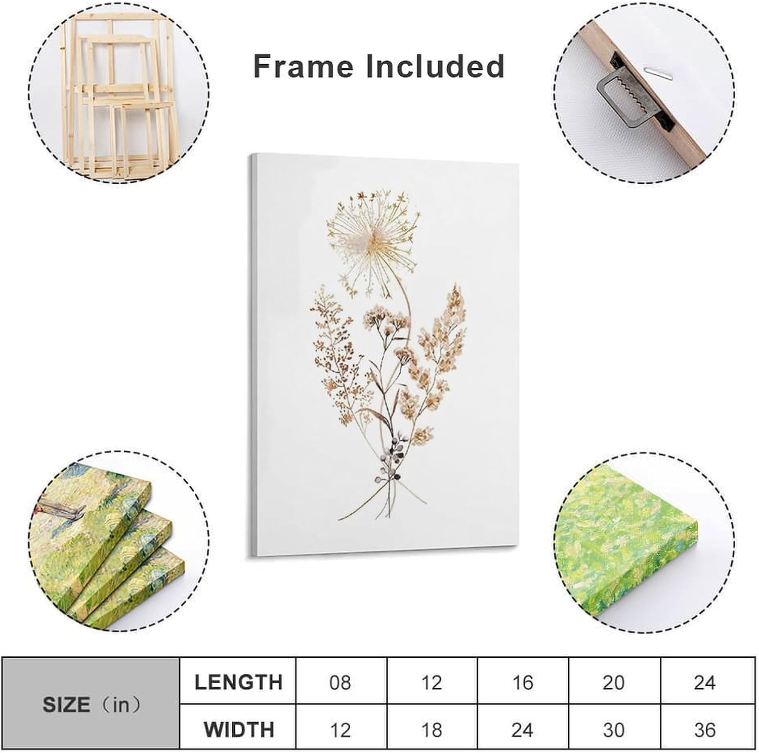Watercolor Dried Flowers and Dandelion Canvas Wall Art Print 8x12 Inch
