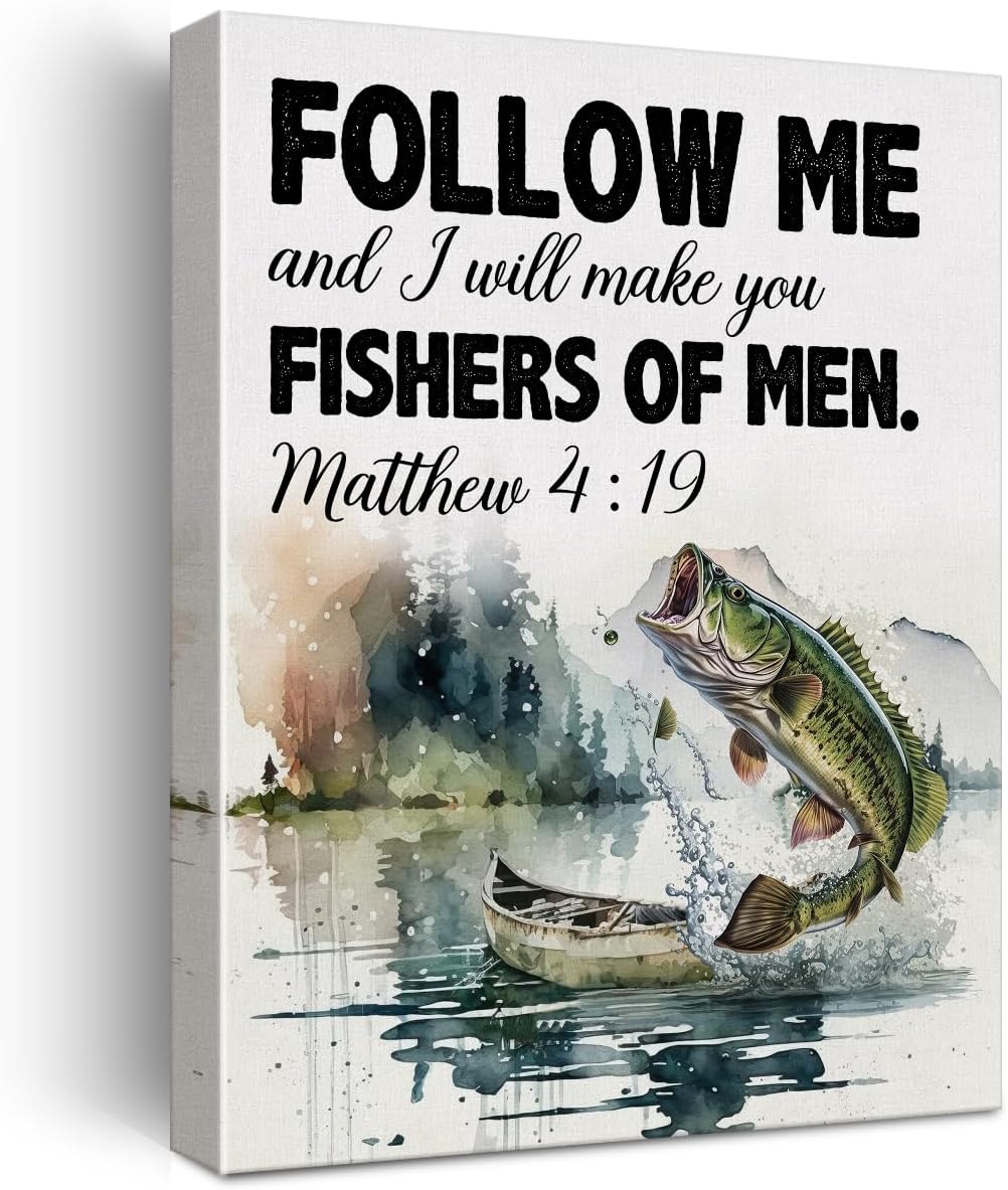 Christian Bible Verse Wall Art Canvas Frame Matthew 419 Fish Poster for Home Decor
