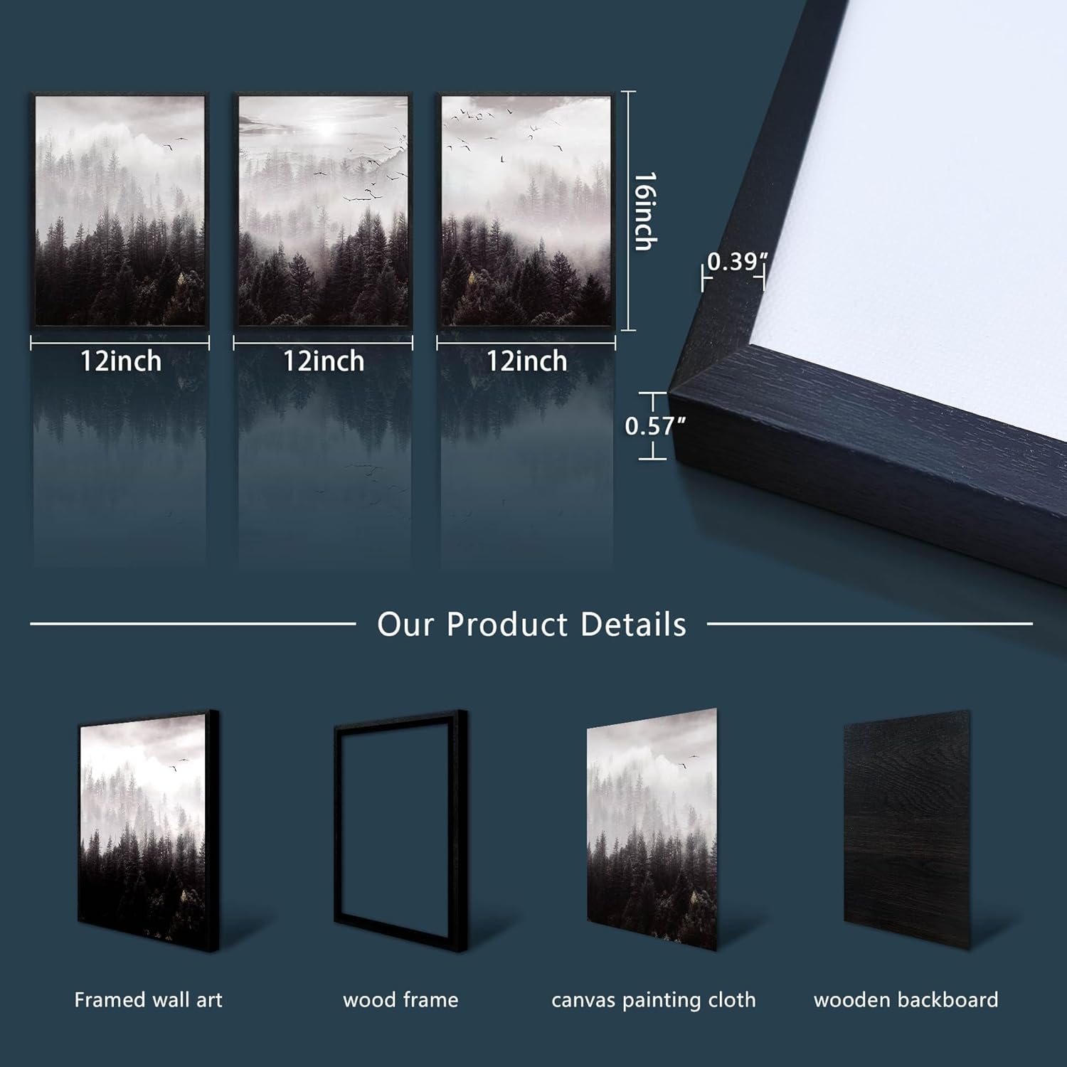 Black Framed Canvas Wall Art 3 Pieces Forest Scene Decor