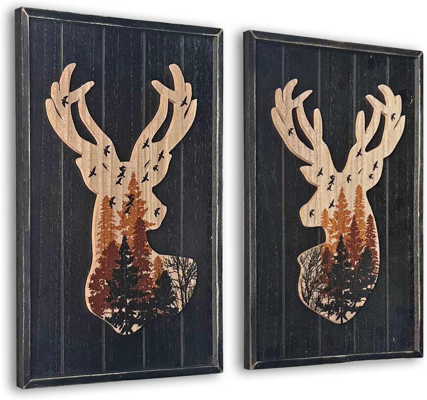 WAIU Deer Wall Decor Wood Framed Forest Scene Art Print Set of 2