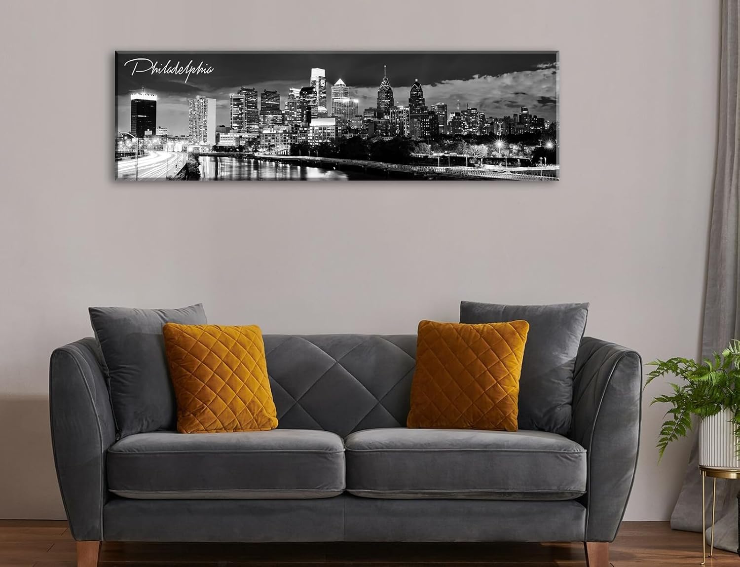 DJSYLIFE Philadelphia Skyline Canvas Art - 138x473 Black and White Cityscape Wall Decor