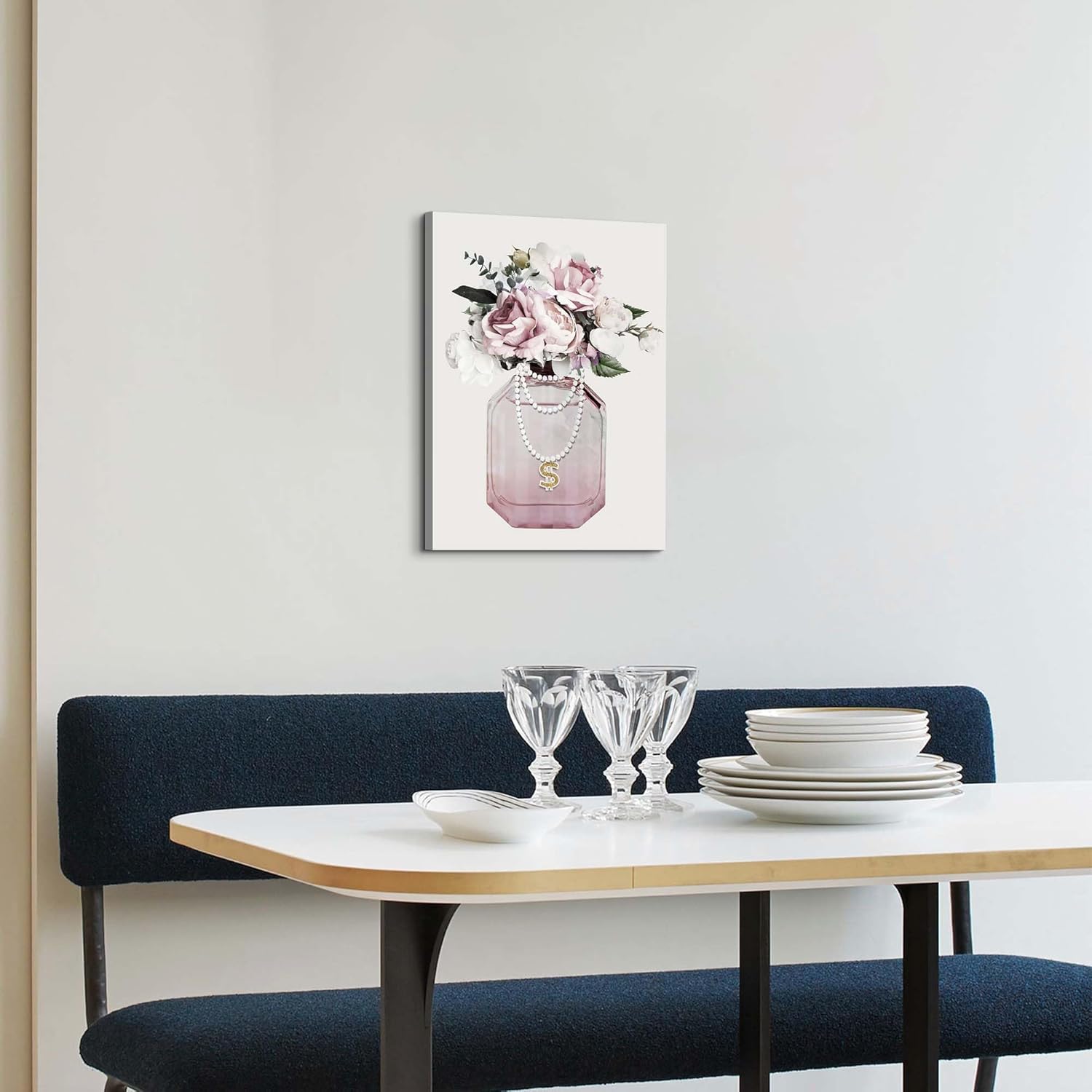 Arttitue Fashion Perfume Bottle Wall Art 11x16 Inch Canvas Pink Peony Flower Decor for Bedroom Bathroom