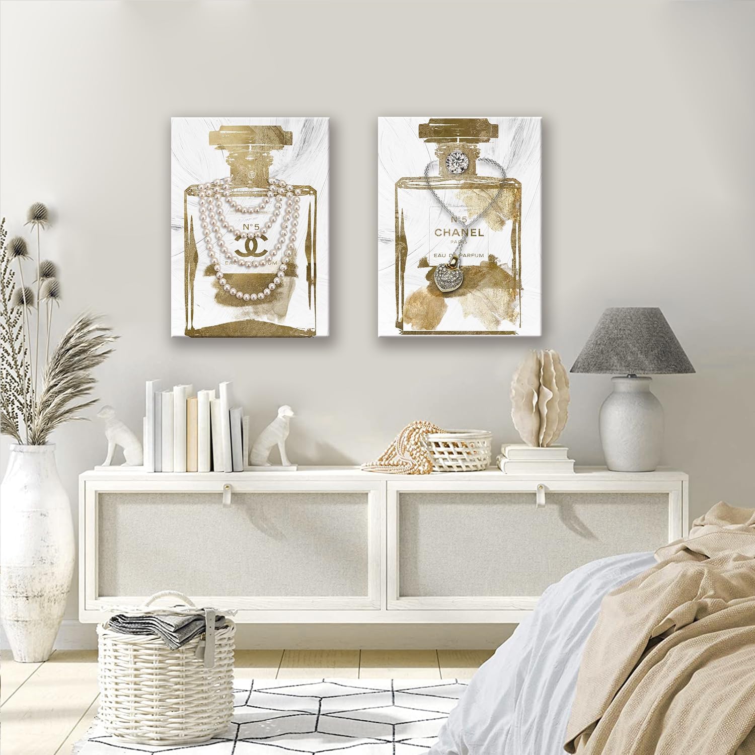 2 Pieces Vintage Perfume Bottle Gold Canvas Wall Art