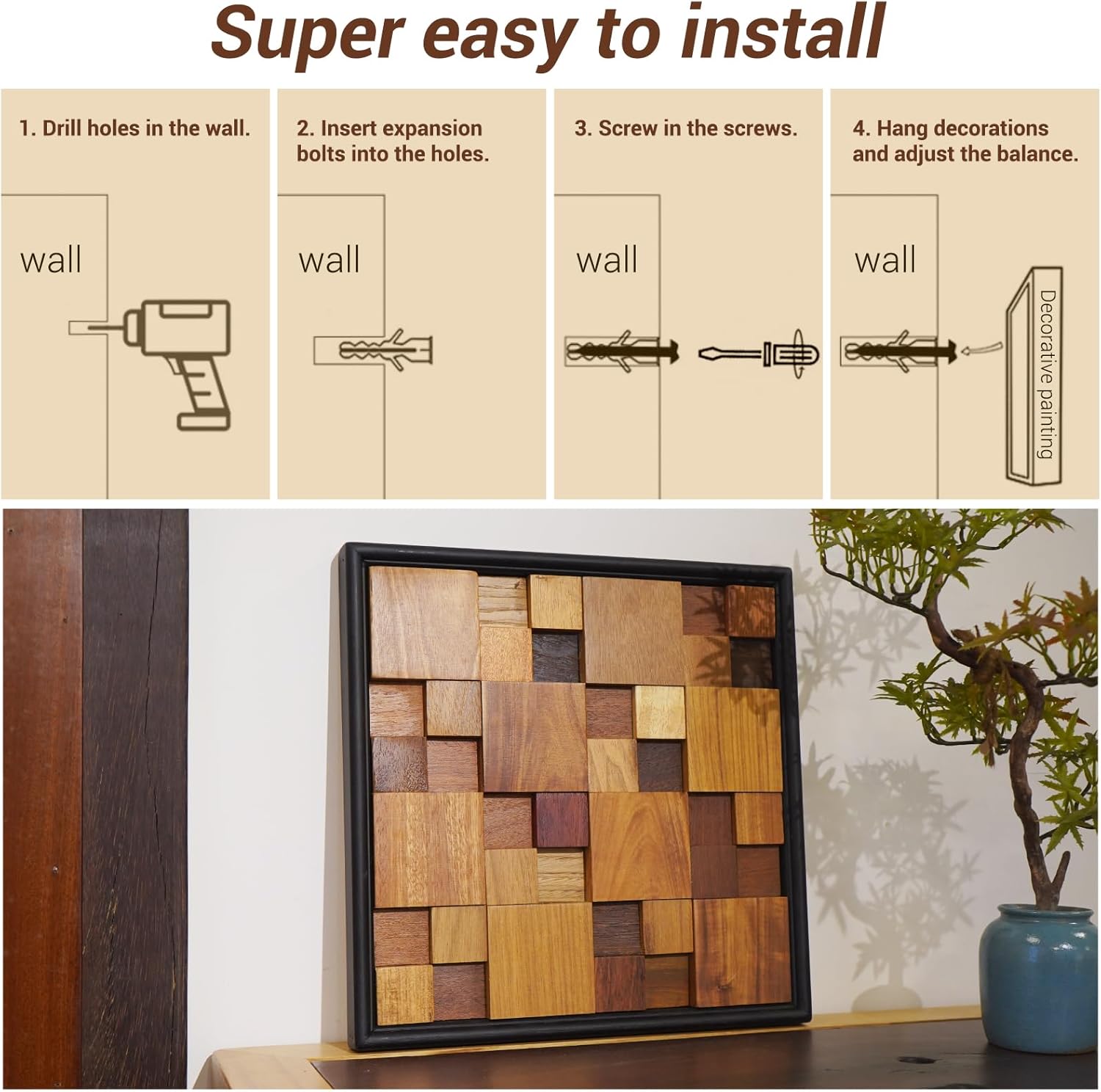 DQQWood 3D Nature Colored Solid Wood Mosaic Decorative Painting