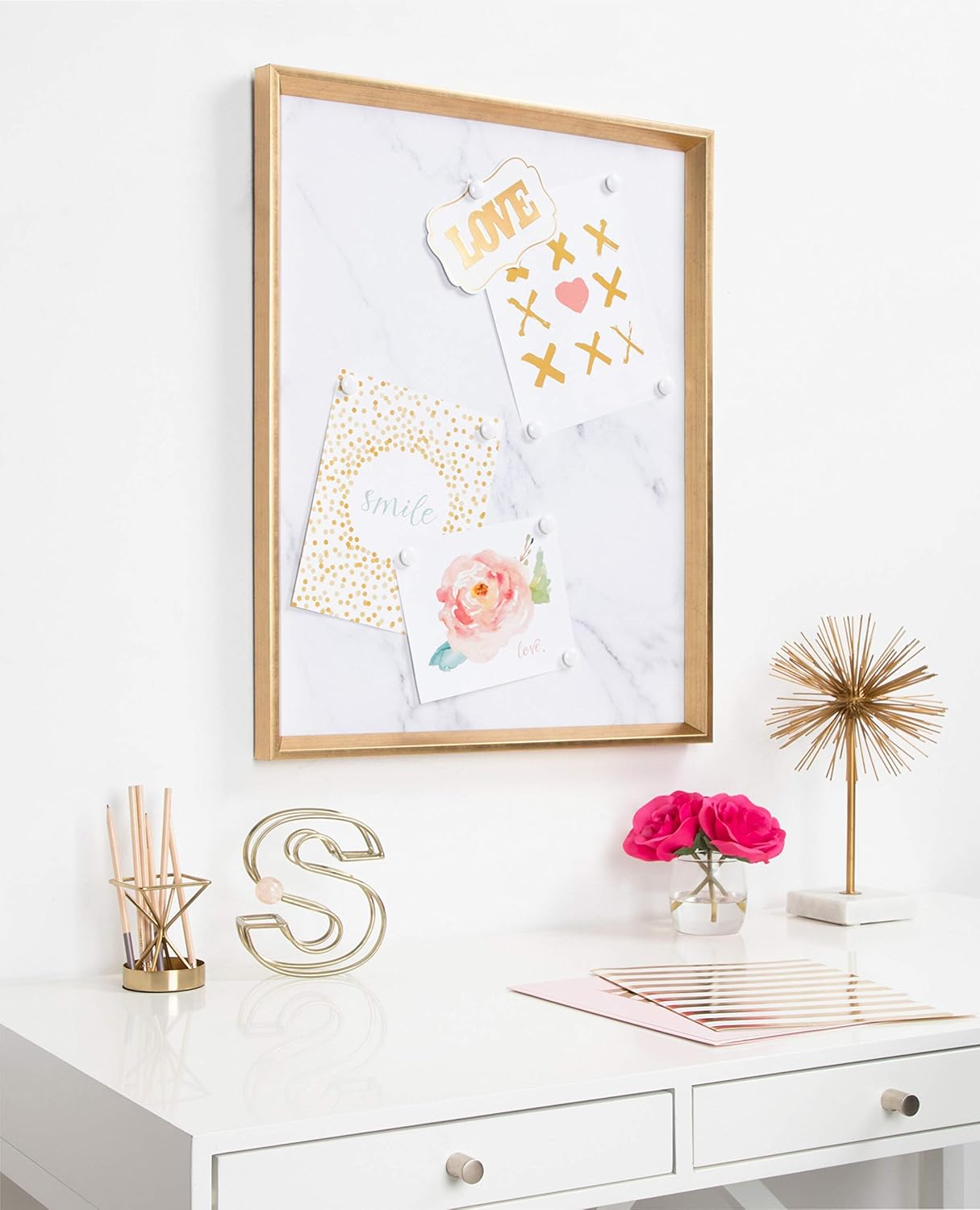 Kate and Laurel Calter Magnetic Bulletin Board with Glam Cararra Marble Design 215x275 Gold