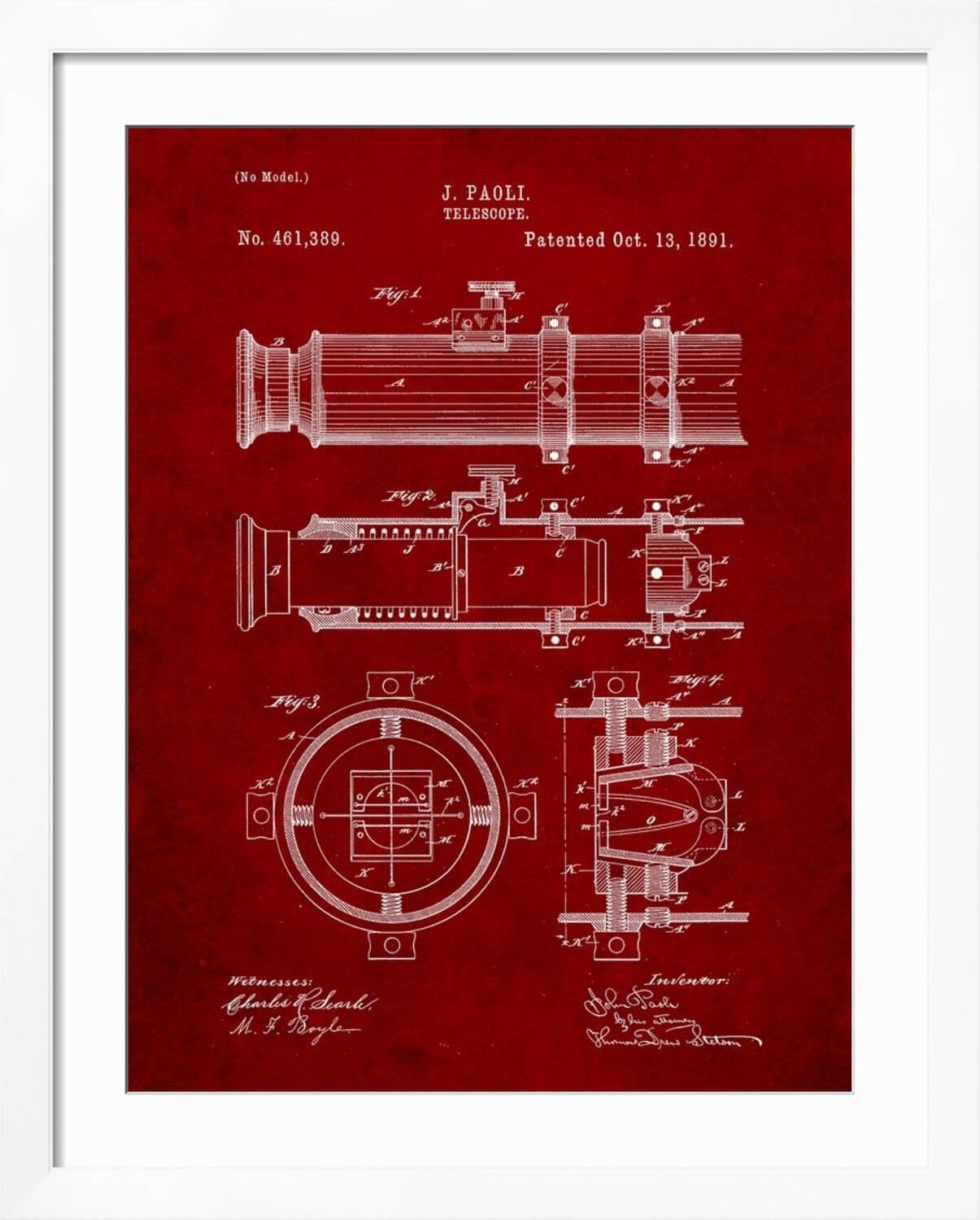 ART COM Wall Art Print Telescope Vintage Patent 1891 32 x 40 Frame