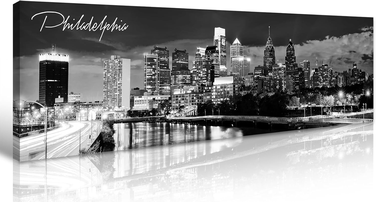 DJSYLIFE Philadelphia Skyline Canvas Art - 138x473 Black and White Cityscape Wall Decor