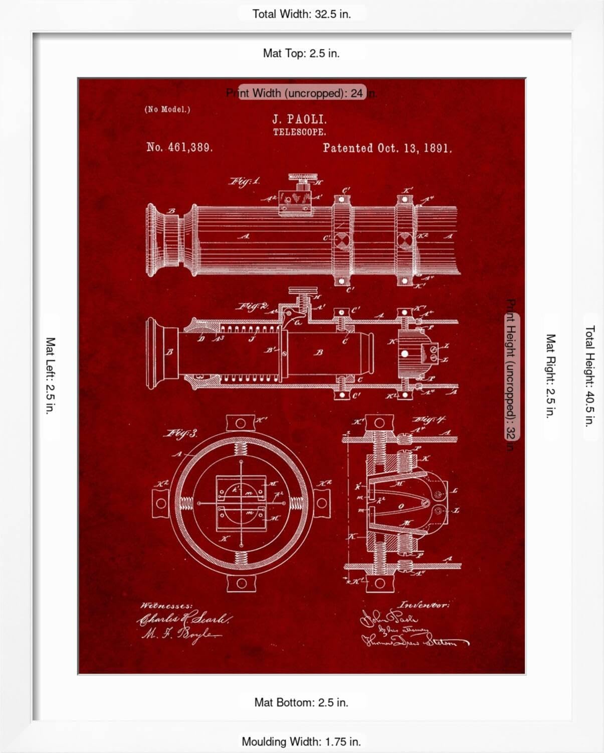 ART COM Wall Art Print Telescope Vintage Patent 1891 32 x 40 Frame
