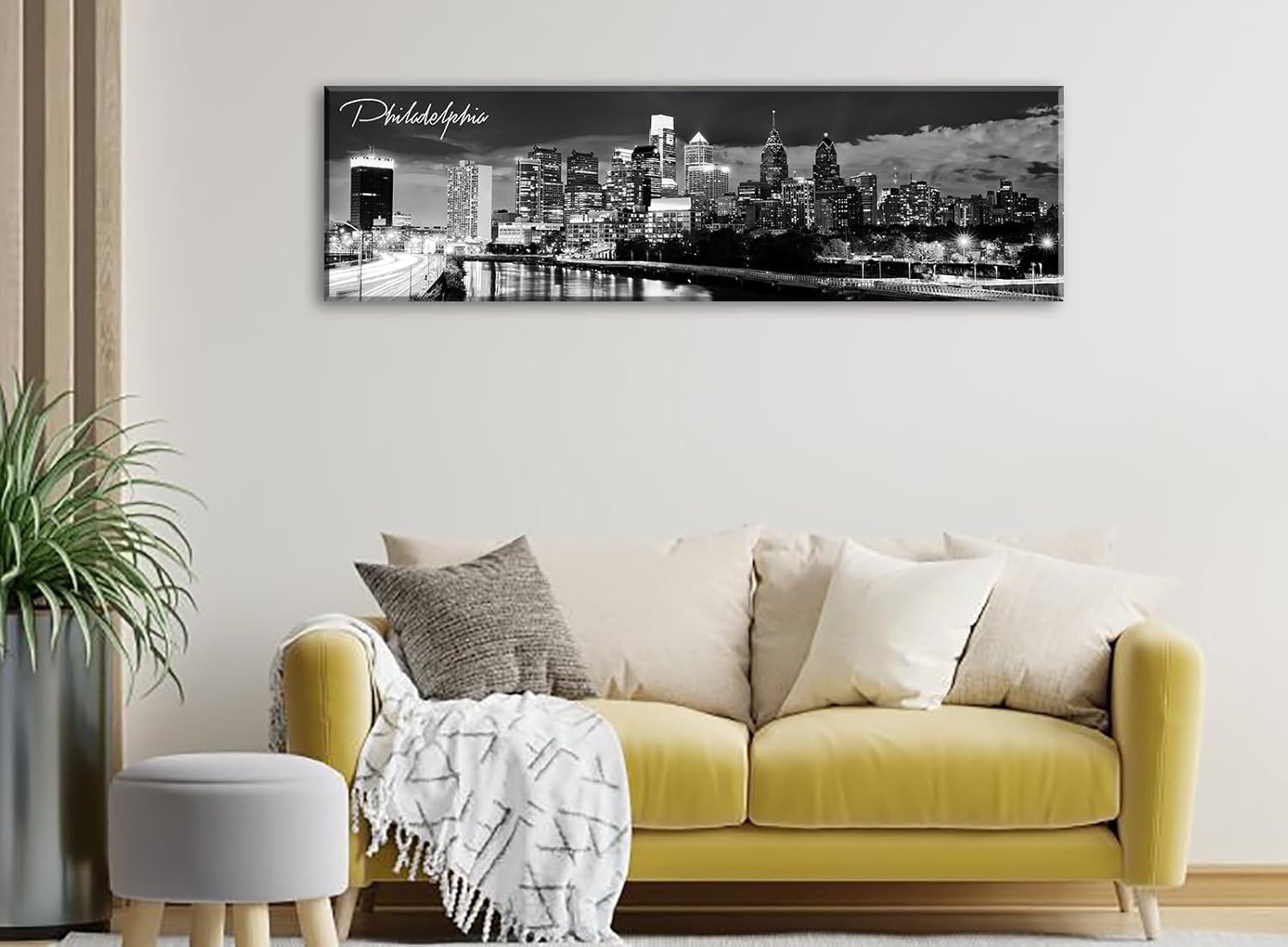 DJSYLIFE Philadelphia Skyline Canvas Art - 138x473 Black and White Cityscape Wall Decor