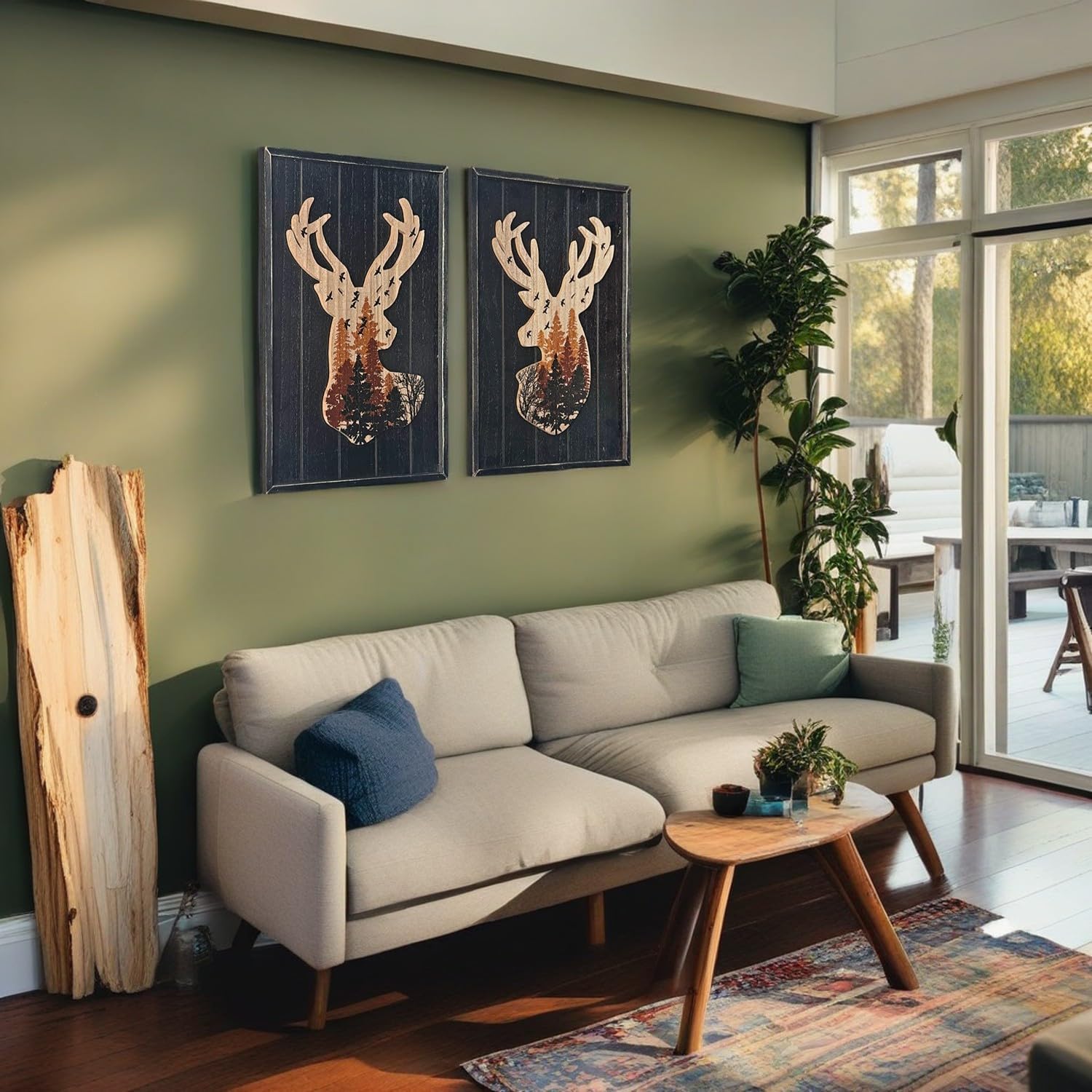 WAIU Deer Wall Decor Wood Framed Forest Scene Art Print Set of 2