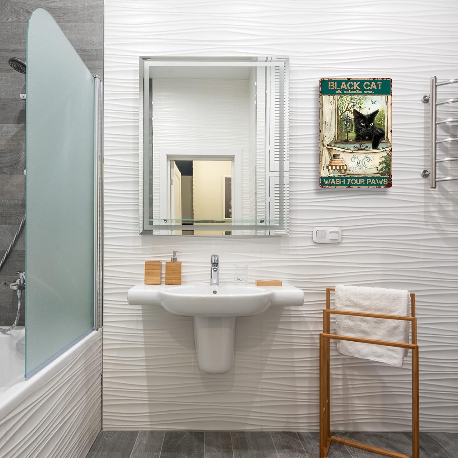 Funny Bathroom Wall Decor Vintage Black Cat Wash Your Paws Tin Sign