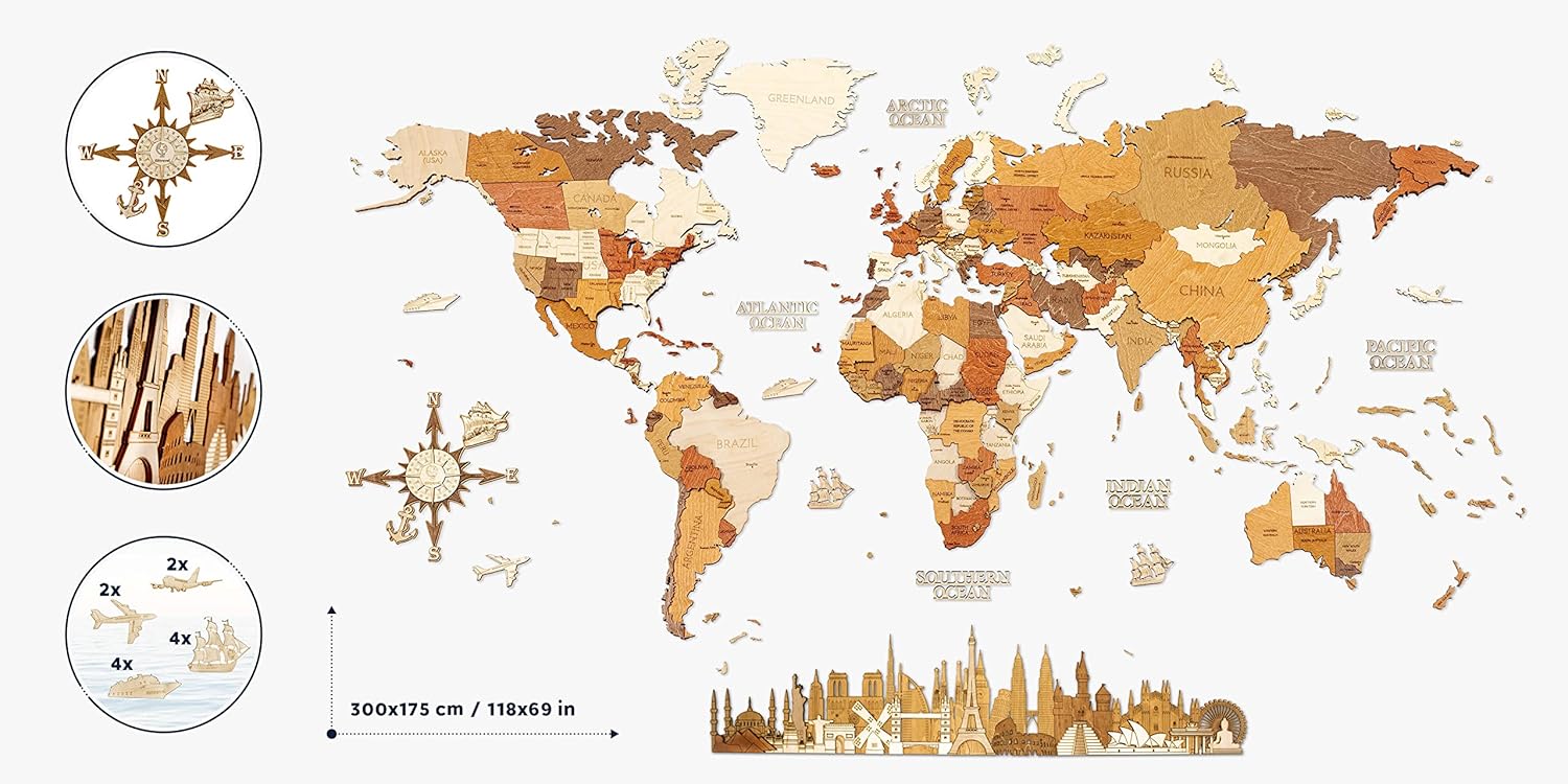 World Map Wooden Wall Art - 3D Design for Home Office and Bedroom