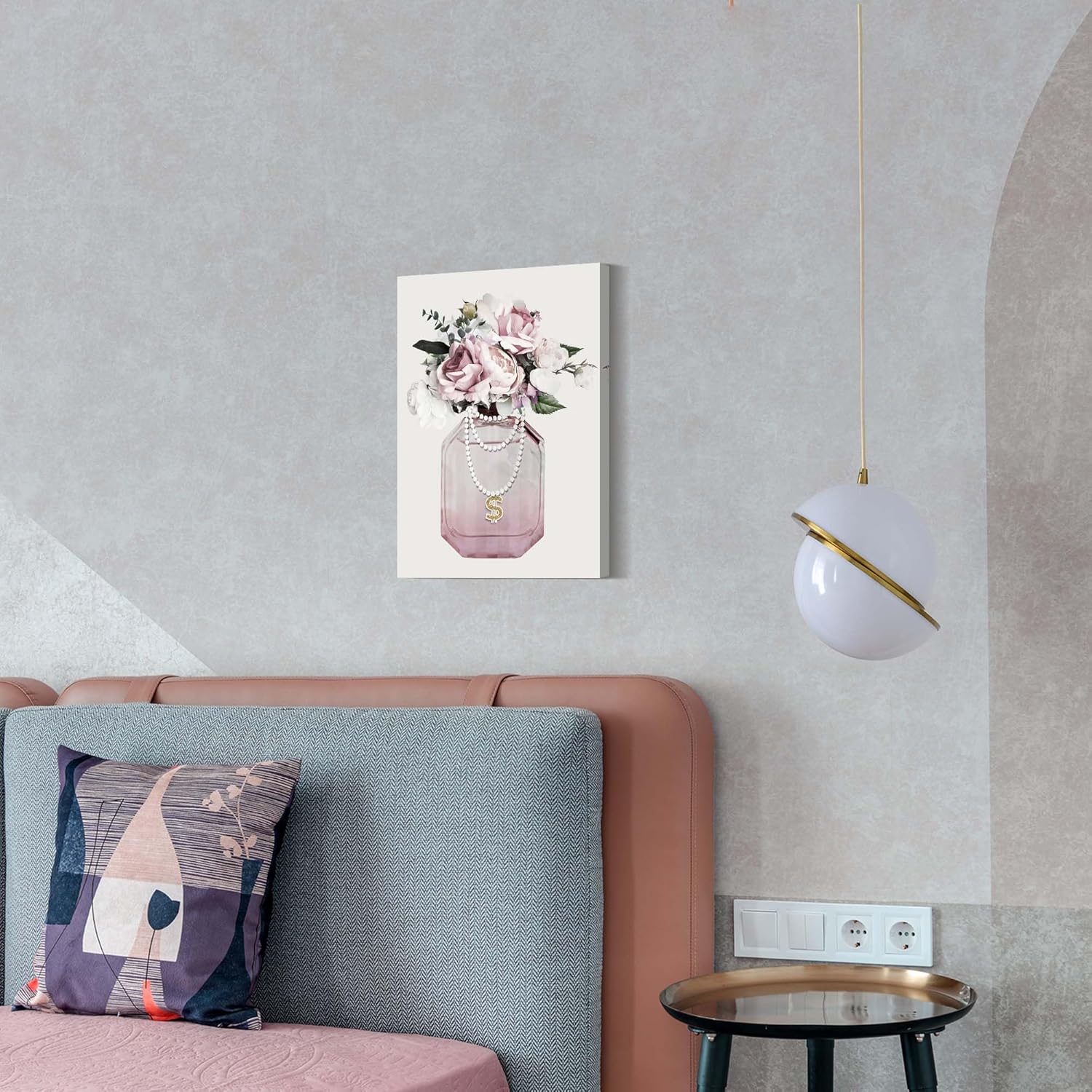 Arttitue Fashion Perfume Bottle Wall Art 11x16 Inch Canvas Pink Peony Flower Decor for Bedroom Bathroom