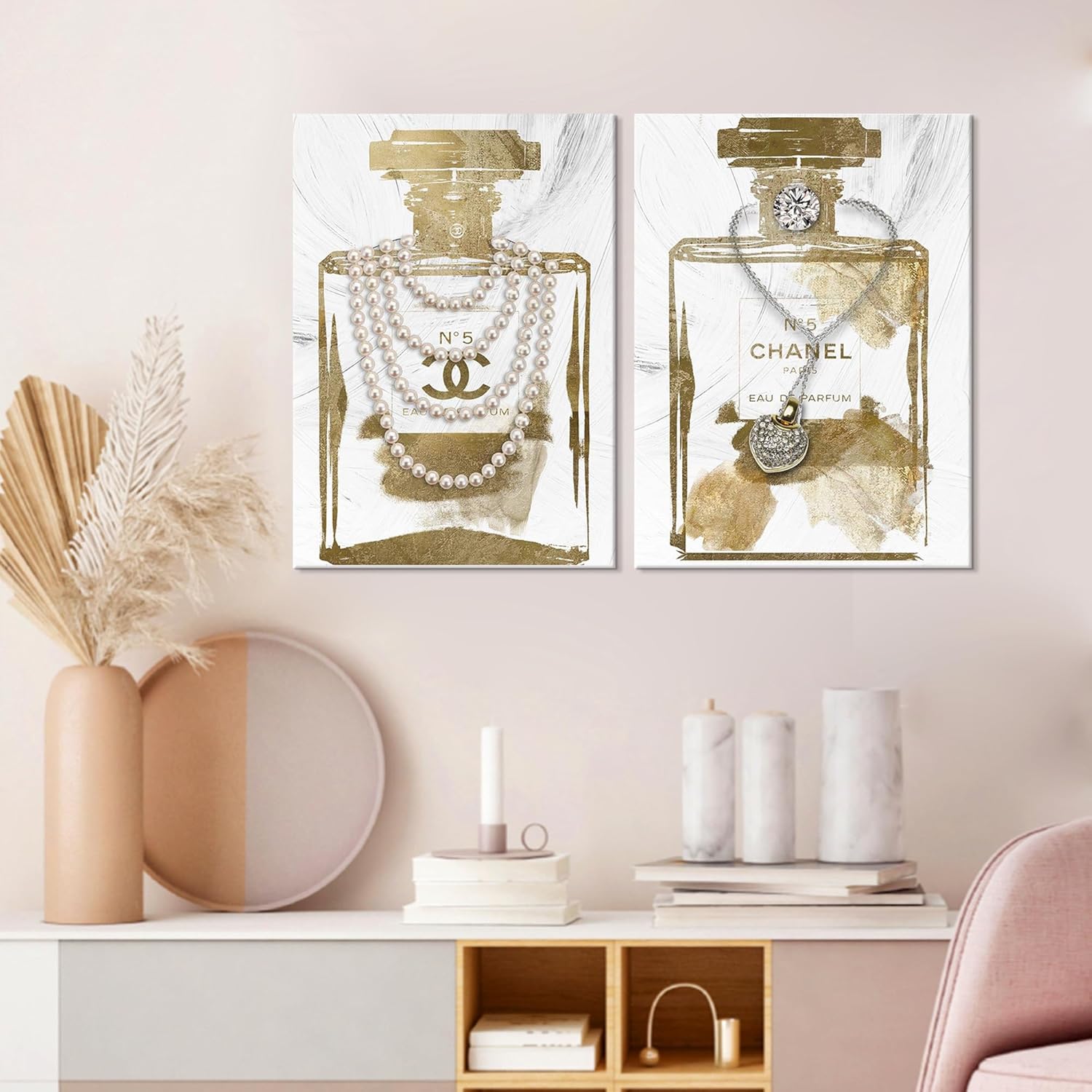 2 Pieces Vintage Perfume Bottle Gold Canvas Wall Art