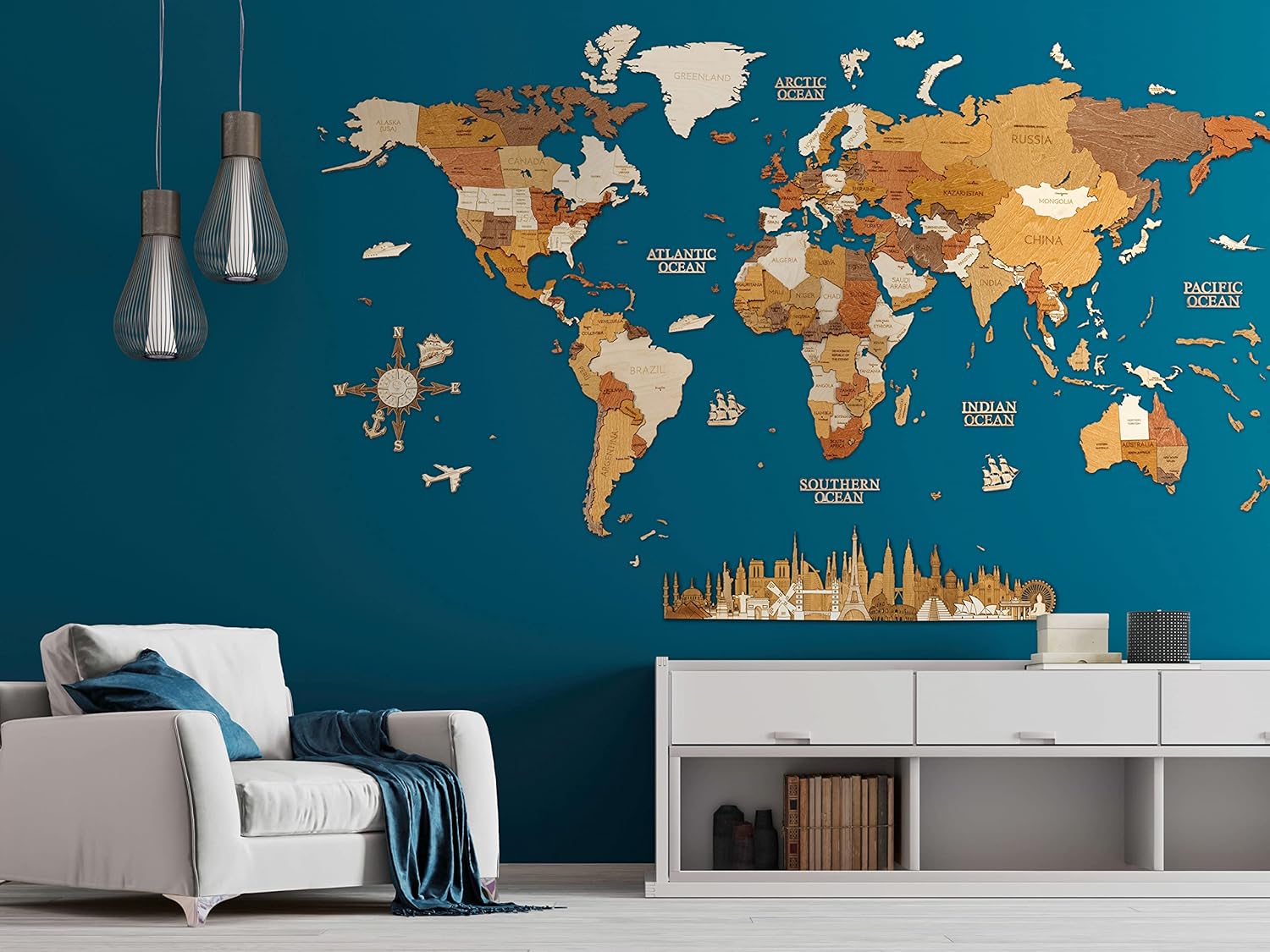 World Map Wooden Wall Art - 3D Design for Home Office and Bedroom