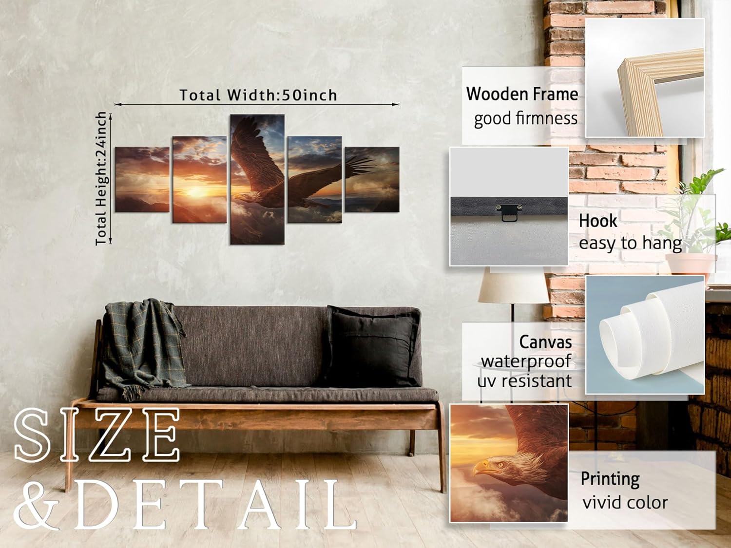 YOUHONG 5 Panel Bald Eagle Wall Art - Modern Decor Canvas Art for Home