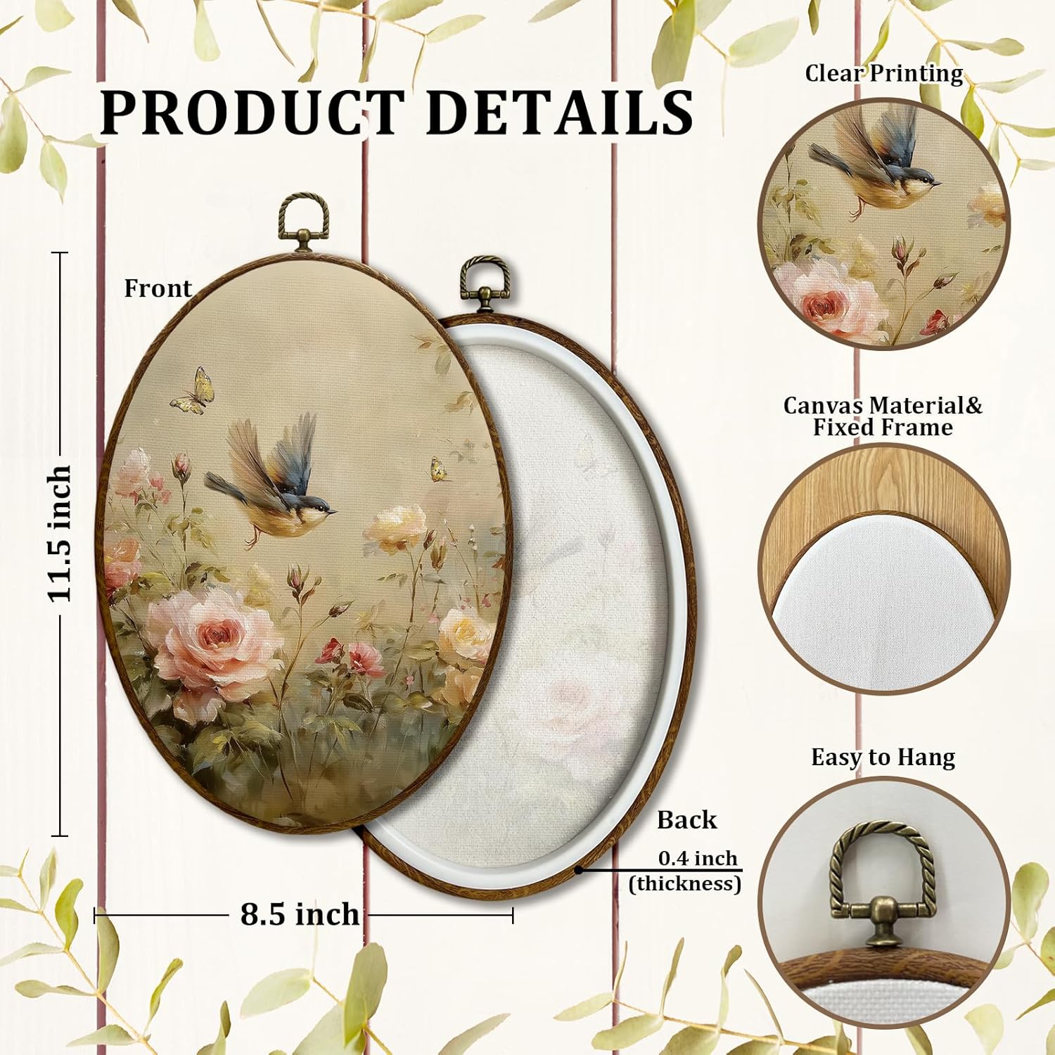 JQF Vintage Floral Bird Oval Wall Art 85x115 Inch