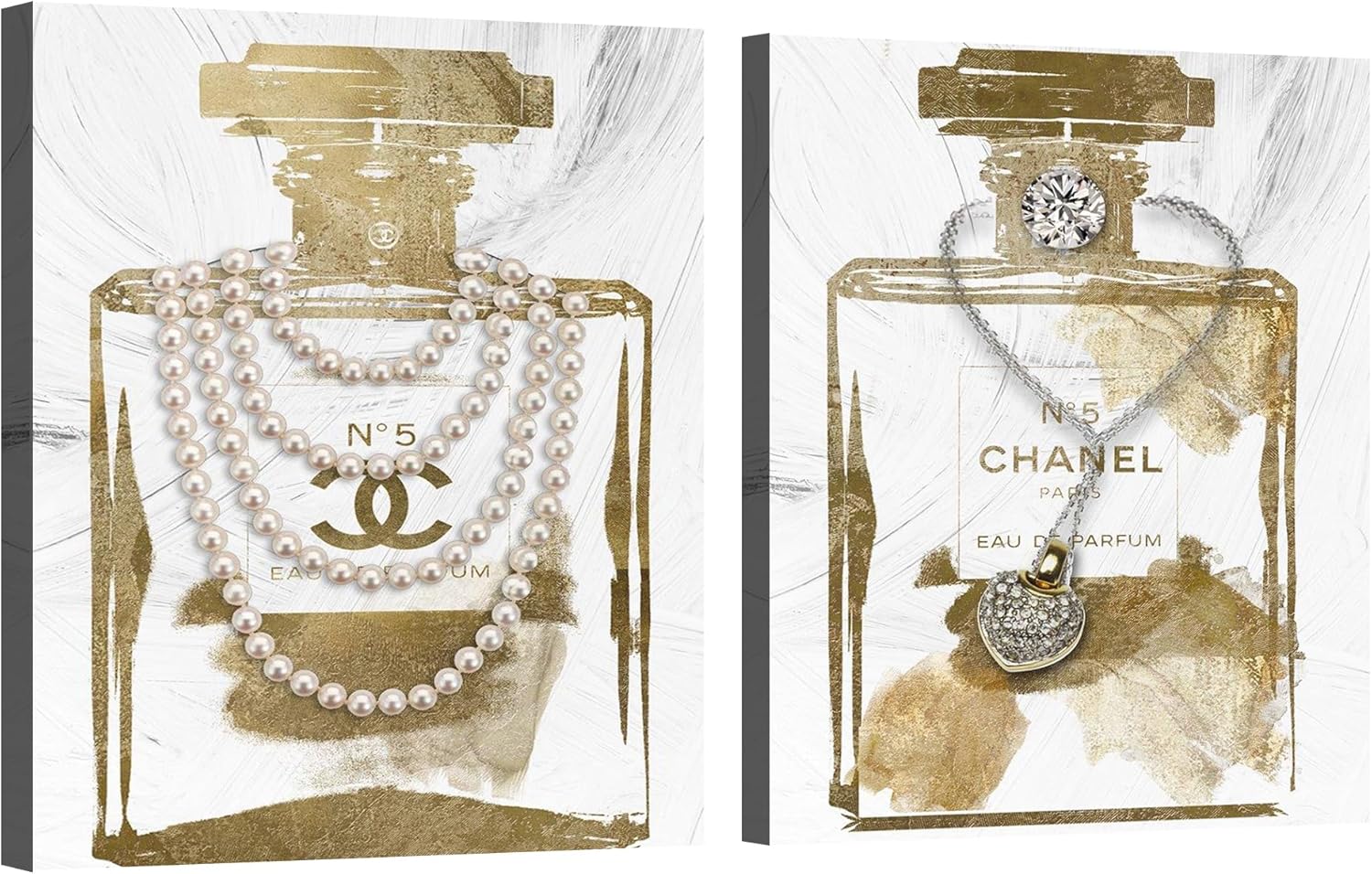 2 Pieces Vintage Perfume Bottle Gold Canvas Wall Art