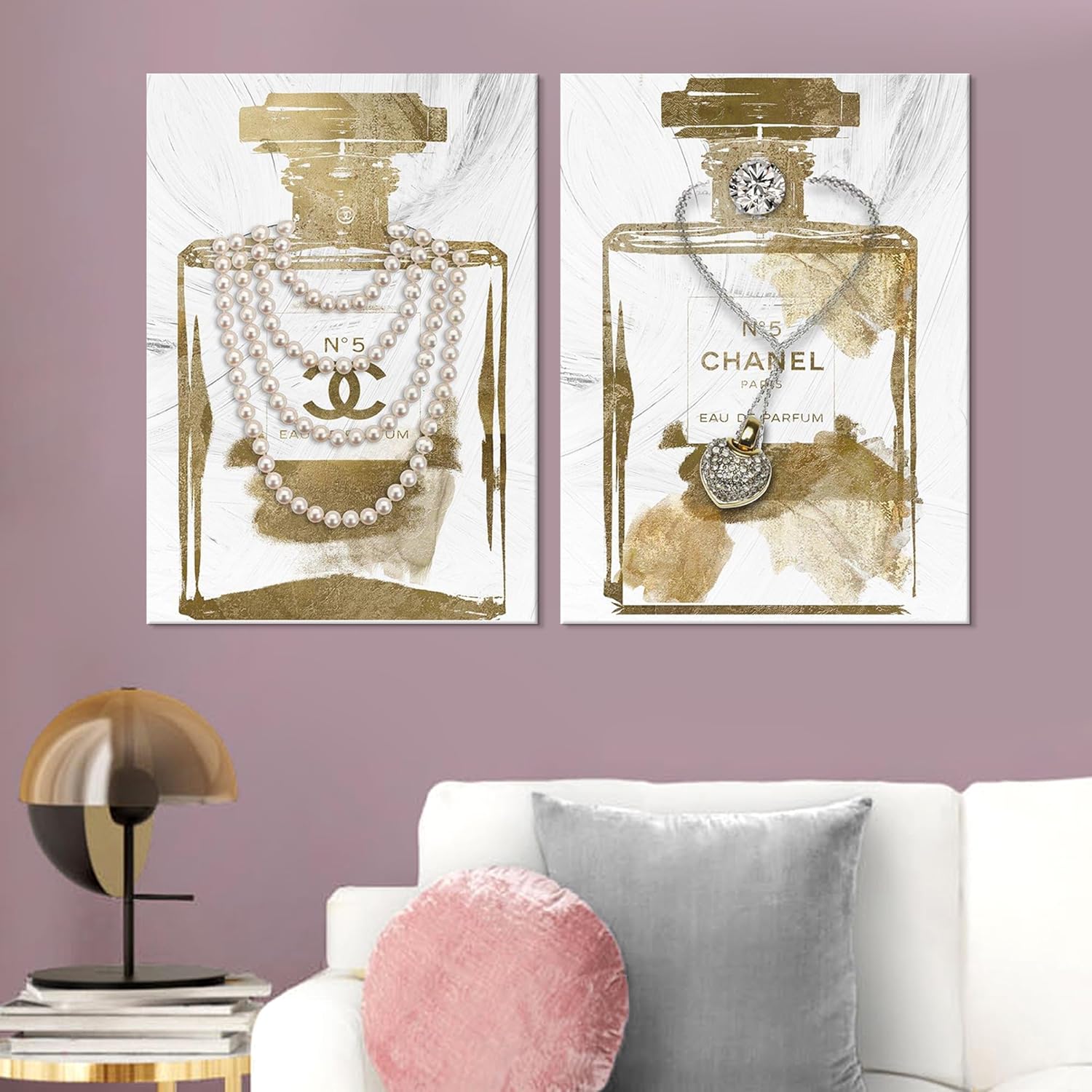 2 Pieces Vintage Perfume Bottle Gold Canvas Wall Art