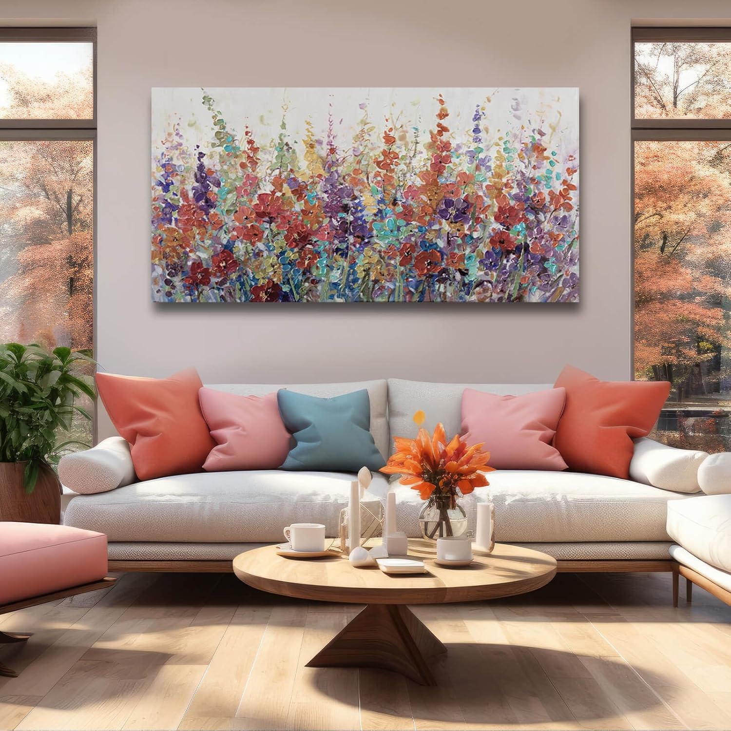 Xianshou Pink and Gold Wall Art Flowers Picture Textured Decor for Bedroom Living Room Office