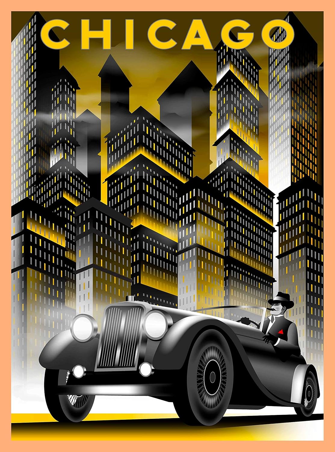 Chicago Illinois Car and Buildings Retro Travel Wall Decor Art Deco Poster Print 10x135
