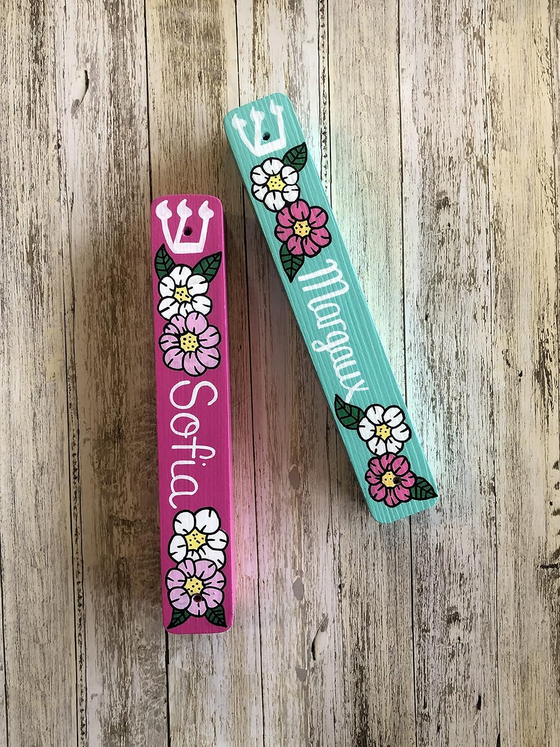 Personalized Floral Mezuzah Case for Girls - Hand Painted Wooden Judaica with Custom Name